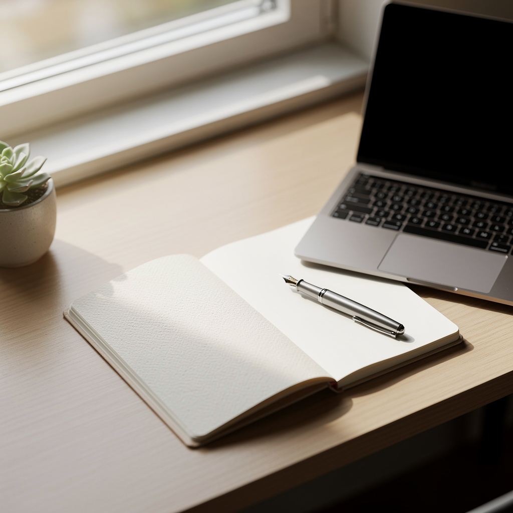 A notebook and pen on a wooden desk during a life coaching session