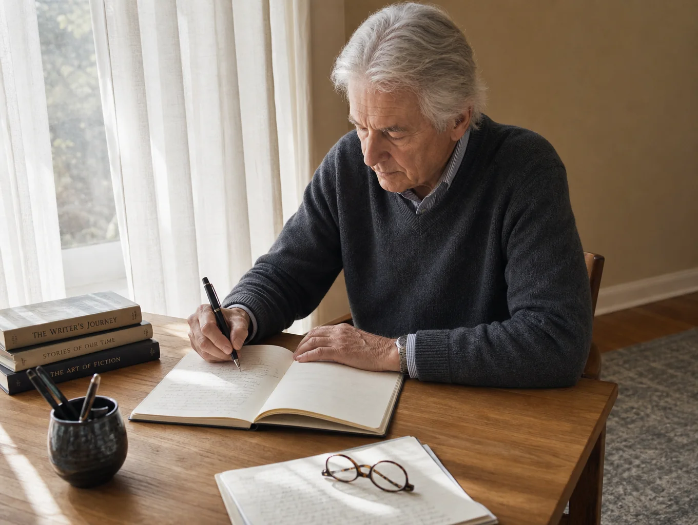 Author reviewing notes in a sunlit study