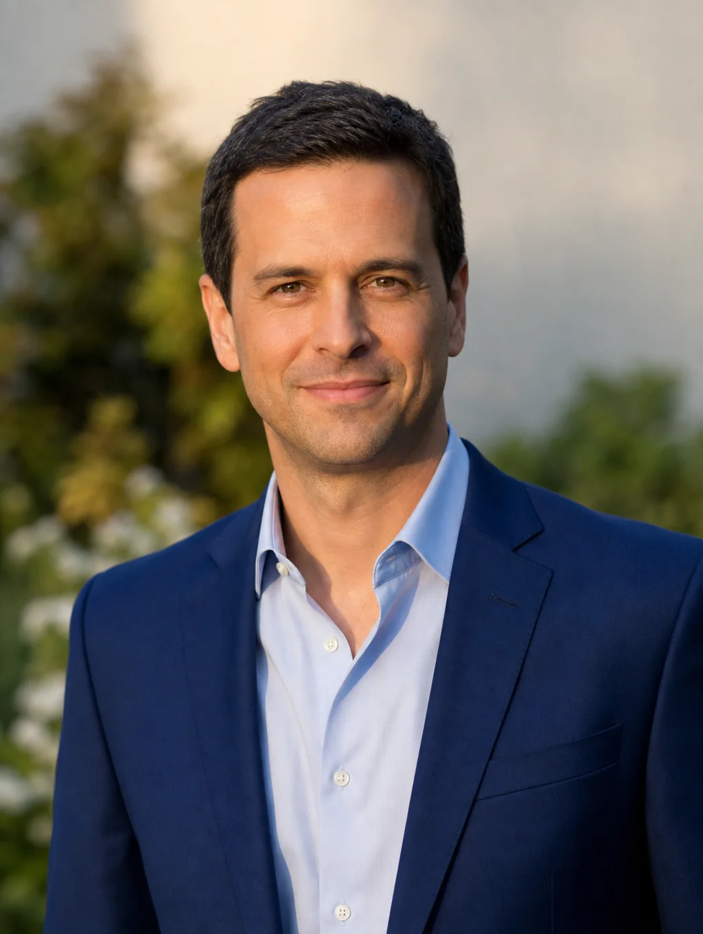 A warm, high-contrast portrait of a speaker in golden hour light
