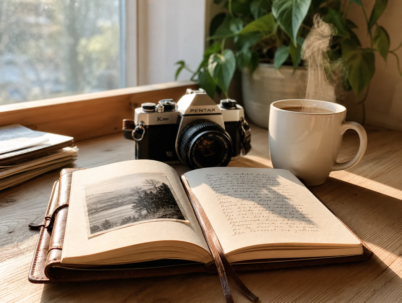 Warm sunlight illuminating a desk with a journal, pen, and open bible