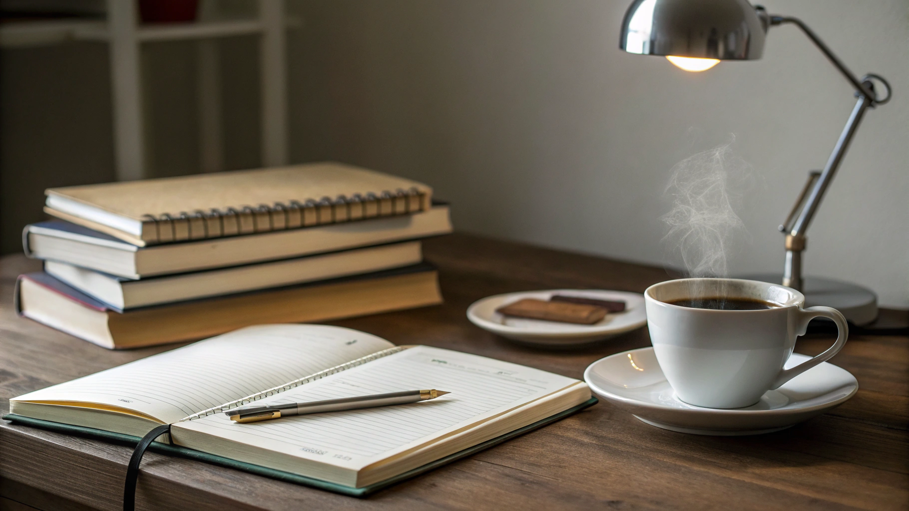 A quiet study space with warm sunlight and open books